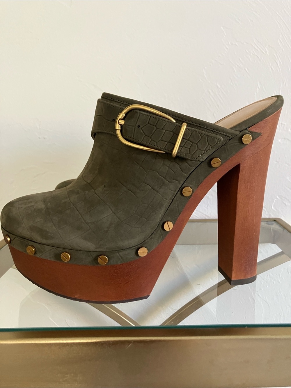 Veronica Beard Olive Croc-Embossed Leather Platform Mules with Gold Studs